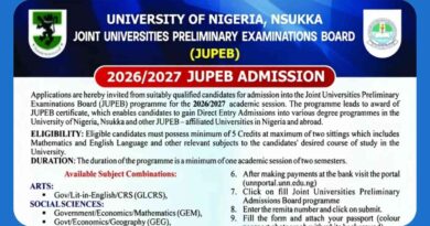 Official admission advertisement flyer detailing the portal registration steps and requirements for the UNN JUPEB Admission 2026 academic session