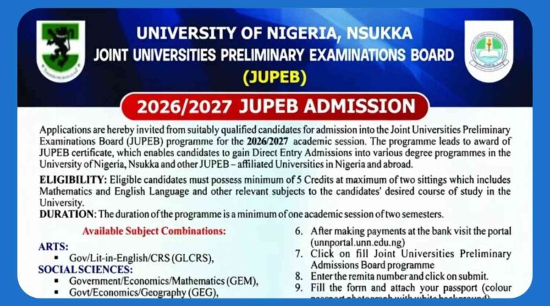 Official admission advertisement flyer detailing the portal registration steps and requirements for the UNN JUPEB Admission 2026 academic session