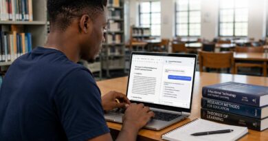 A focused university student using an AI assistant on a laptop to brainstorm a research outline, demonstrating how to use AI for academic work ethically.