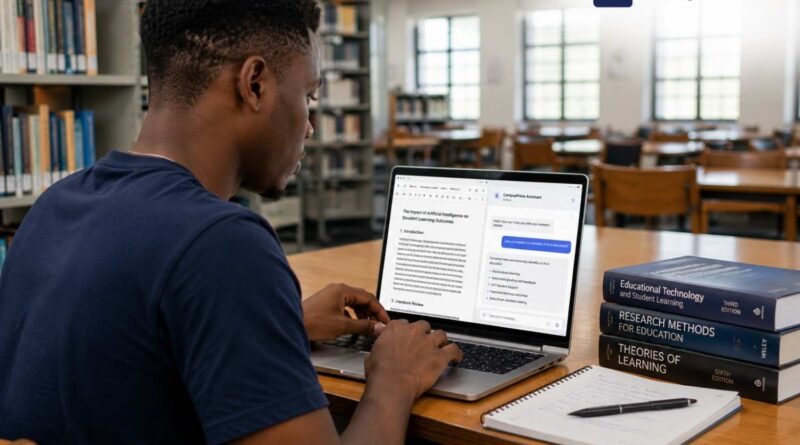 A focused university student using an AI assistant on a laptop to brainstorm a research outline, demonstrating how to use AI for academic work ethically.