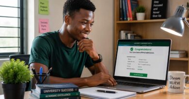 A confident student successfully using the 2026 admissions guide to check their JAMB and Post-UTME status.