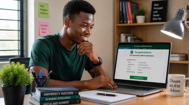 A confident student successfully using the 2026 admissions guide to check their JAMB and Post-UTME status.