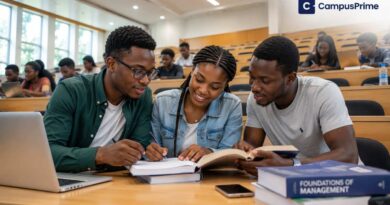 A group of focused Nigerian university students studying together in a modern lecture hall, demonstrating academic success strategies.