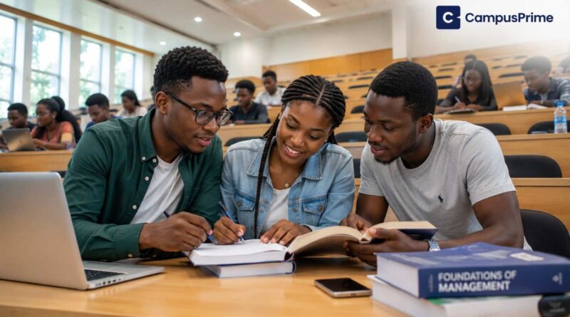 A group of focused Nigerian university students studying together in a modern lecture hall, demonstrating academic success strategies.