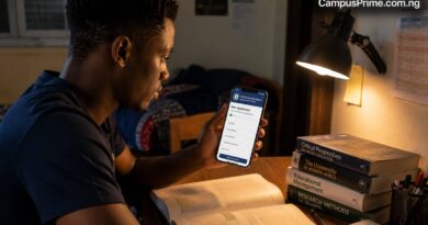 A concerned student checking an exam notification layout on a mobile screen, exploring alternatives after having scored below 180 in JAMB.