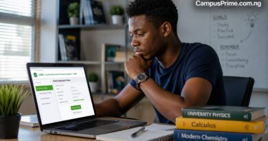 A Nigerian student checking their JAMB CAPS admission status on a laptop, highlighting portal steps like Admission in Progress and Admitted.