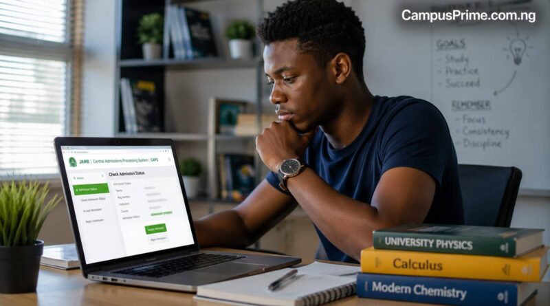 A Nigerian student checking their JAMB CAPS admission status on a laptop, highlighting portal steps like Admission in Progress and Admitted.