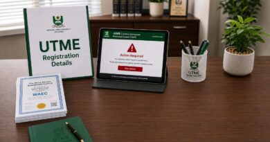An official document folder, WAEC certificates, and a modern digital tablet on a desk, representing the steps to fix the JAMB CAPS Not Showing O'Level Results error.