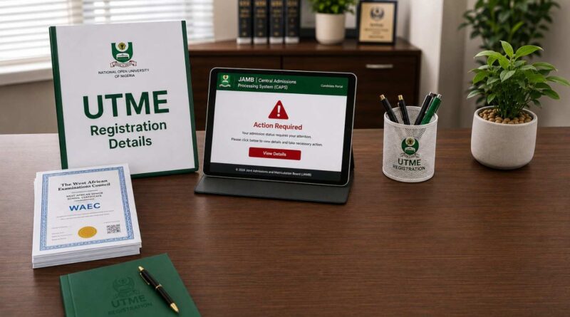 An official document folder, WAEC certificates, and a modern digital tablet on a desk, representing the steps to fix the JAMB CAPS Not Showing O'Level Results error.