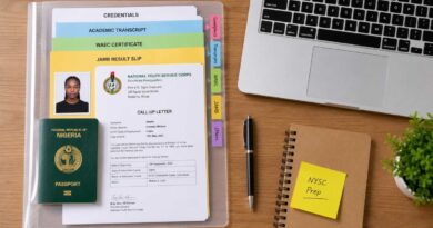 An organized folder containing essential NYSC camp registration documents required for orientation physical clearance.