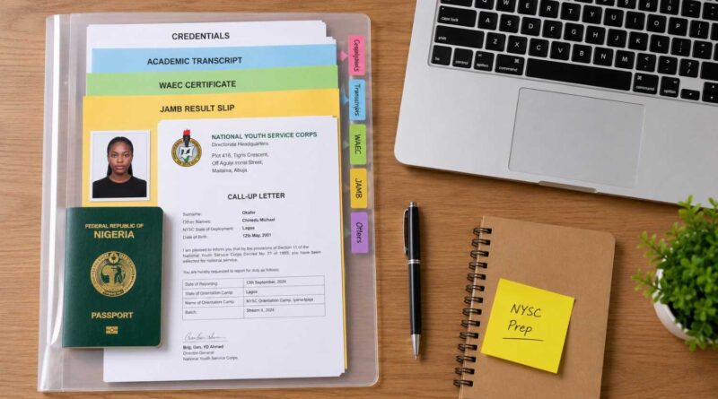 An organized folder containing essential NYSC camp registration documents required for orientation physical clearance.