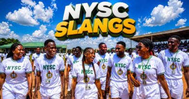 A vibrant photograph of happy Nigerian corps members in pure white uniforms laughing on a sunny parade ground, with bold 3D text in the sky representing NYSC terms and slangs.