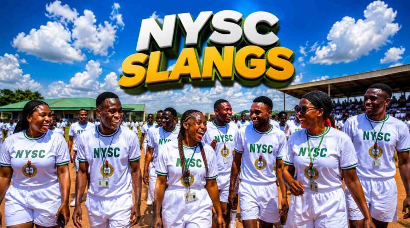 A vibrant photograph of happy Nigerian corps members in pure white uniforms laughing on a sunny parade ground, with bold 3D text in the sky representing NYSC terms and slangs.