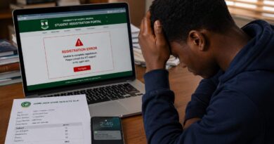 A frustrated student making common Post-UTME Registration Mistakes on a laptop portal.