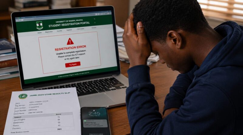 A frustrated student making common Post-UTME Registration Mistakes on a laptop portal.