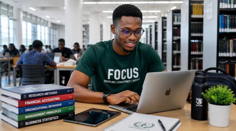 A focused university student researching online opportunities using a comprehensive student career and scholarship guide.
