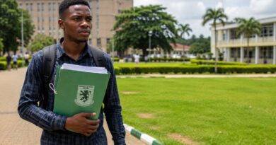A stressed Nigerian university student holding a green document folder on campus, representing the UNN late clearance penalty.