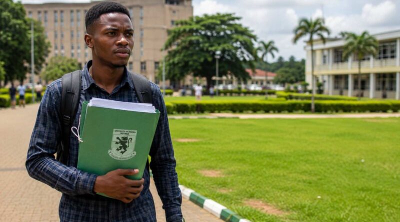 A stressed Nigerian university student holding a green document folder on campus, representing the UNN late clearance penalty.