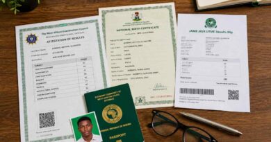 Neatly arranged official documents for UNN Post UTME registration including O'Level result and JAMB slip.