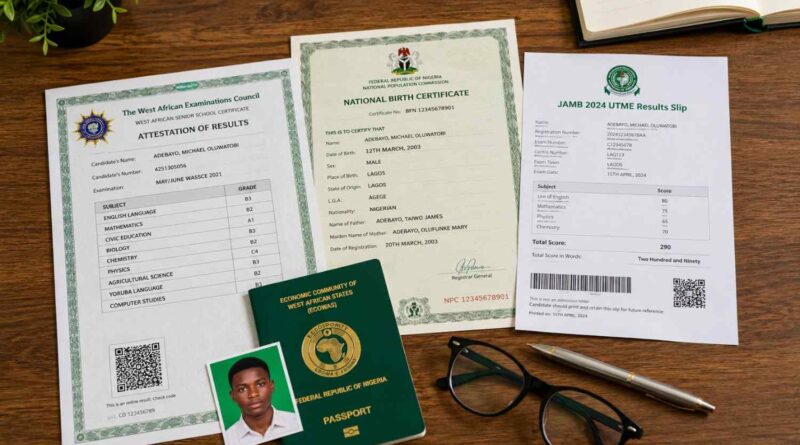Neatly arranged official documents for UNN Post UTME registration including O'Level result and JAMB slip.