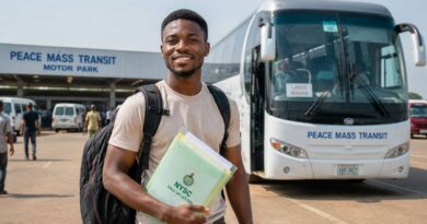 A Prospective Corps Member following NYSC orientation camp travel safety guidelines at a modern motor park.