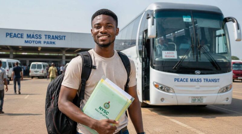 A Prospective Corps Member following NYSC orientation camp travel safety guidelines at a modern motor park.