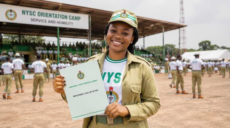 An NYSC corps member in uniform at an orientation camp discussing Place of Primary Assignment (PPA) placements.